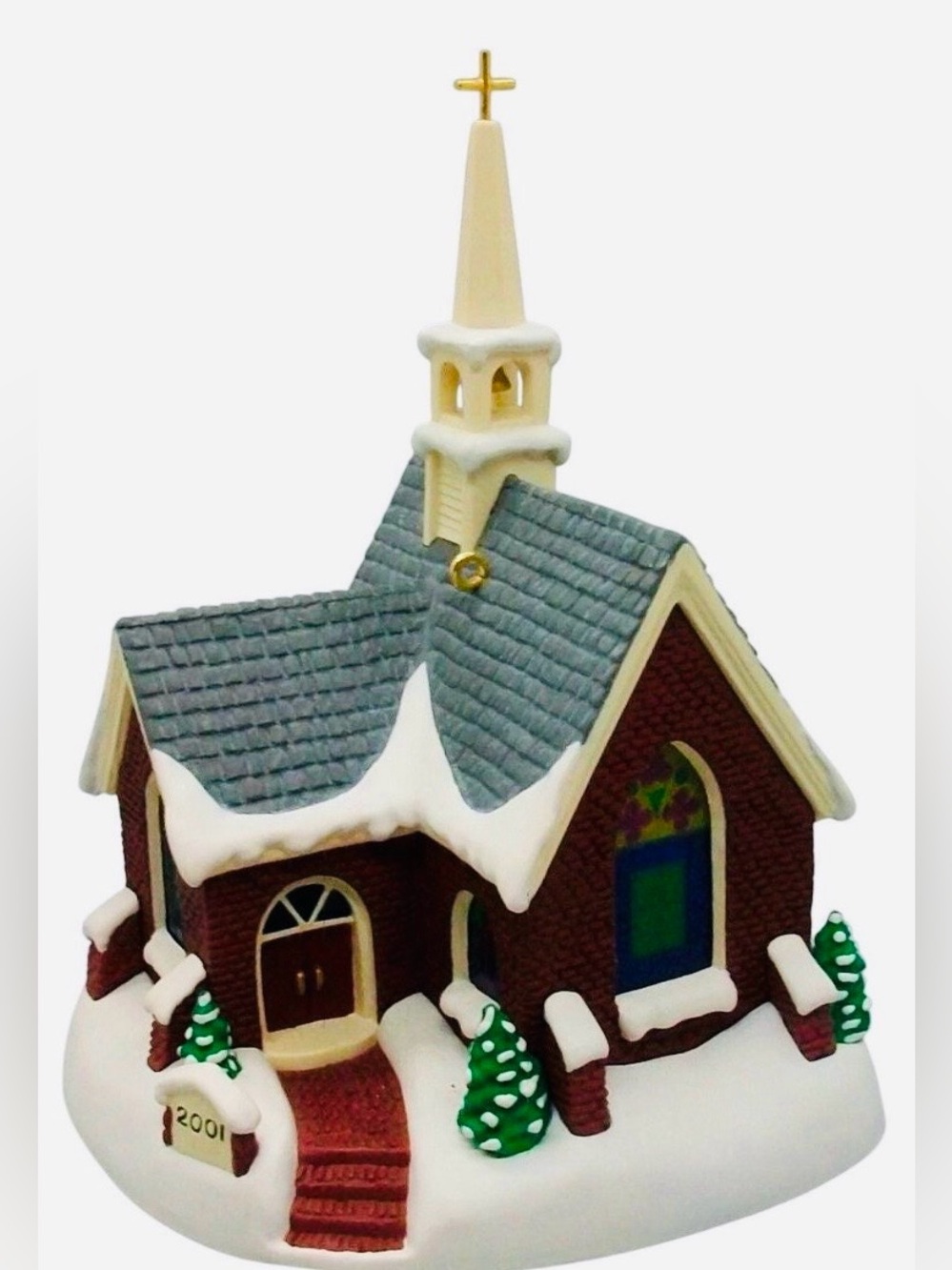 2001 Brick Church Hallmark Cream, Green & Blue Snow-Covered Church Ornament